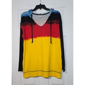 LuLaRoe Amber Hoodie Womens Medium Colorblock Blue Black Red Yellow Pullover